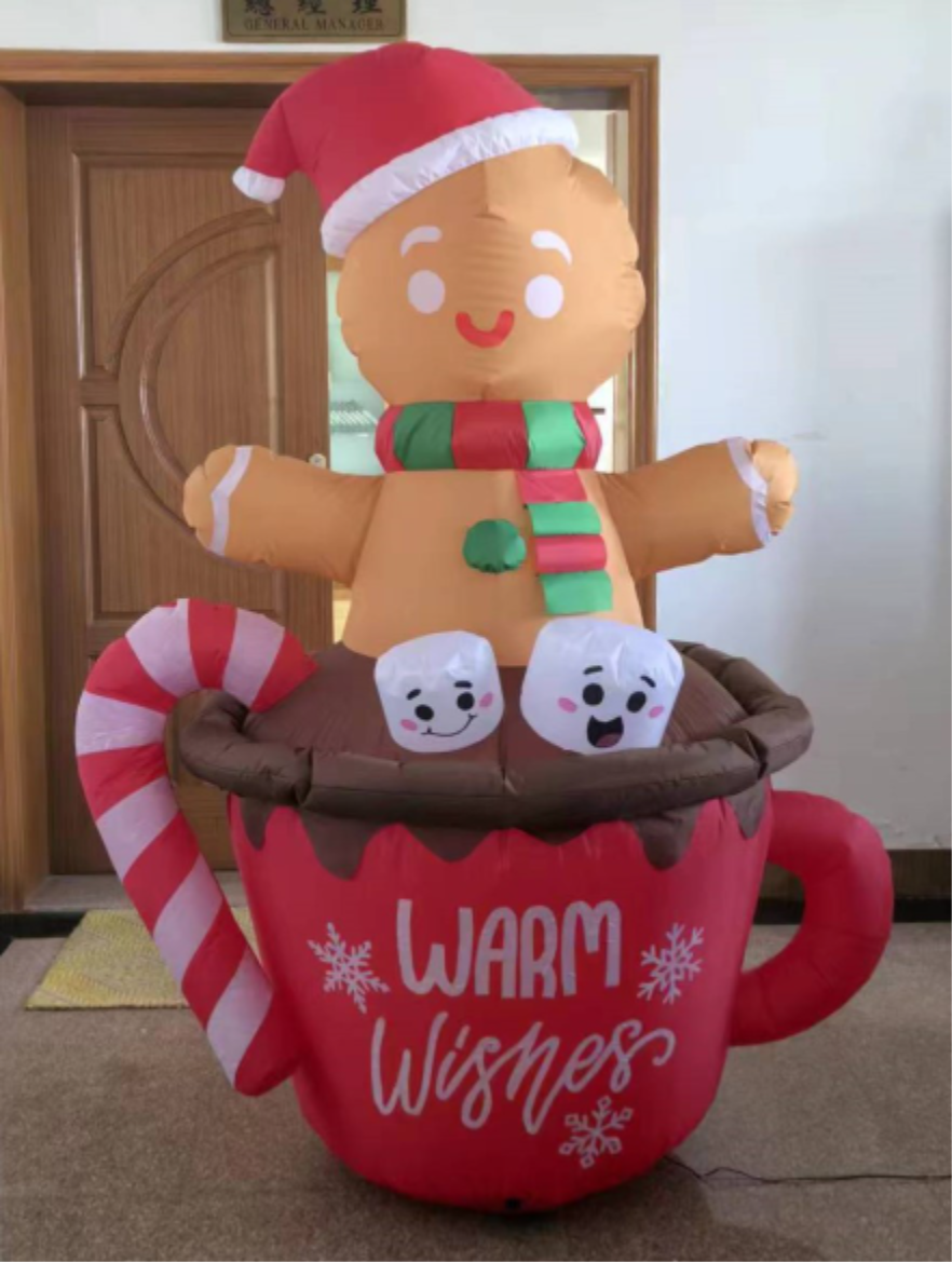 Joyfy 6 FT Christmas Inflatables Gingerbread Man Outdoor Decorations,Gingerbread Man Cocoa Mug Blow Ups Yard with Built-in LEDs for Holiday Party Garden Lawn Decor