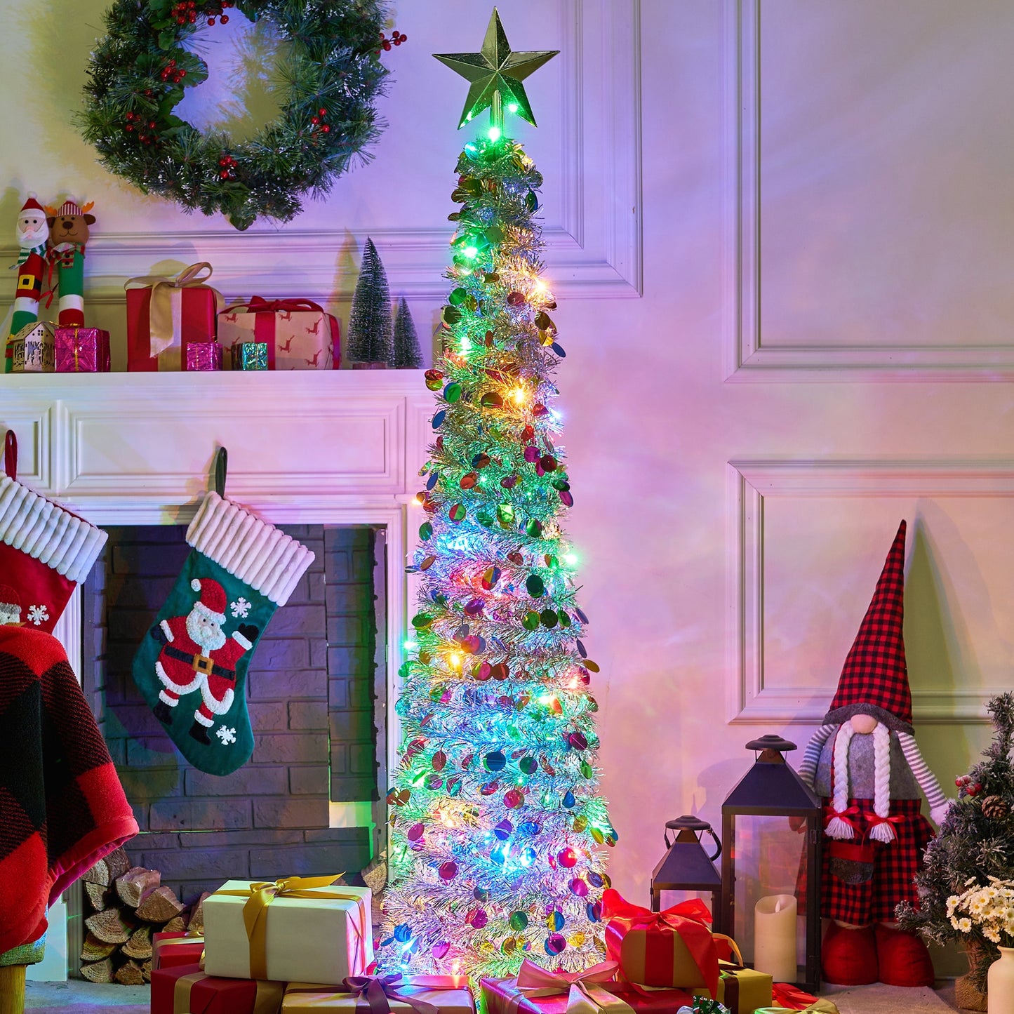 Joyfy 5ft Prelit Tinsel Collapsible Christmas Tree with 50 Multicolor LED lights(Green and White)