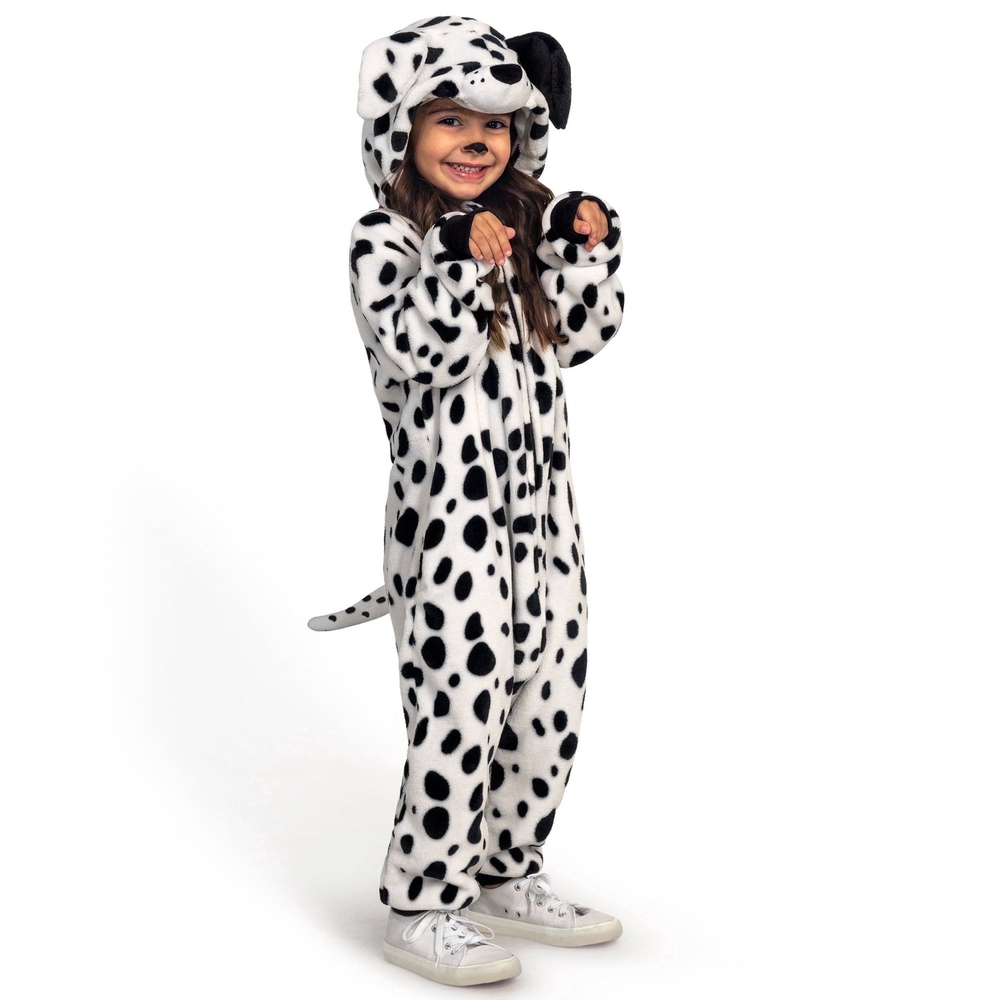 Joyfy Dalmatian Costume for Kids, White Black Puppy Zip-Up Jumpsuit for Halloween Trick or Treat Party, Ages 5-12