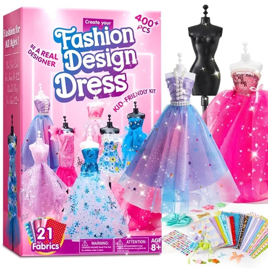 Joyfy Fashion Design Sewing Art and Craft Kit for Girls, DIY Barbie Doll Accessory Handmade Fashion Dress with 3 Mannequins, Valentine's Day Birthday Gift for Girls Age 8+