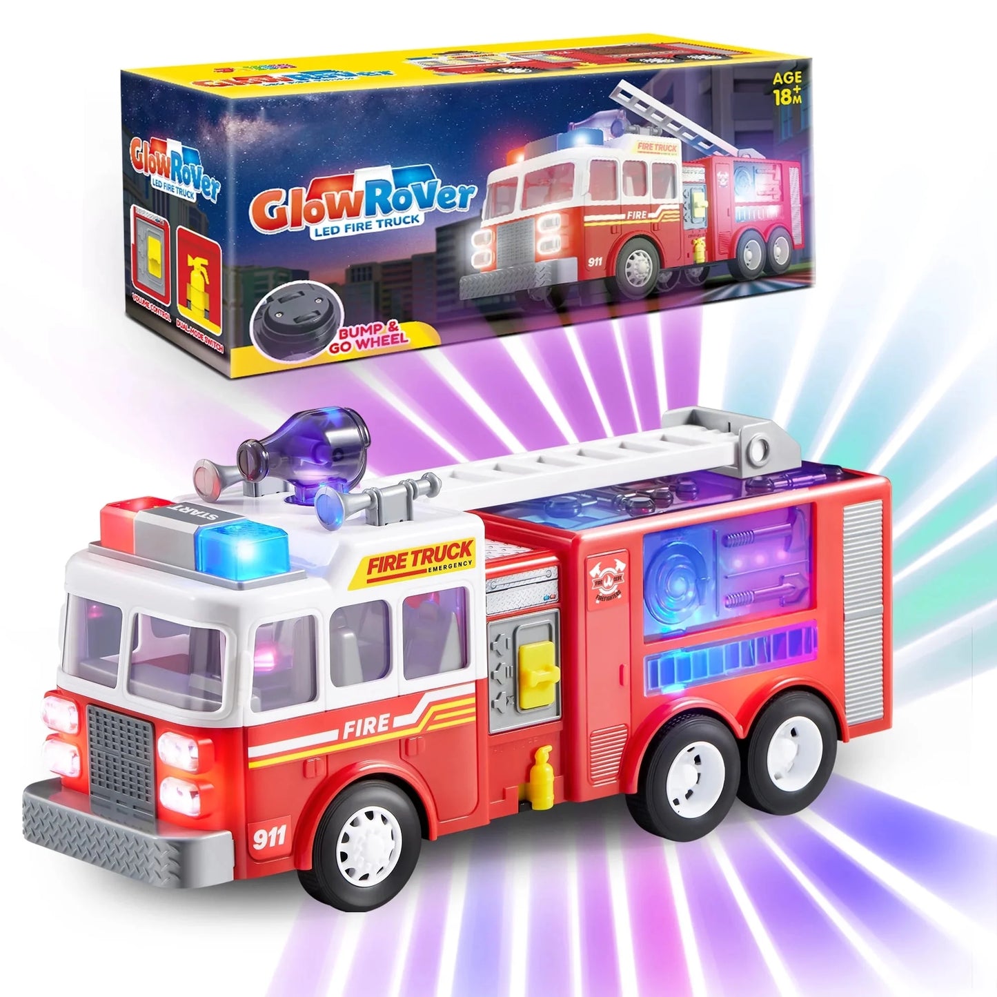 SYNCFUN Fire Truck Toy, Bump and Go Fire Engine Trucks with LED Projections & Sirens, Boys & Girls Firetruck for Kids Birthday