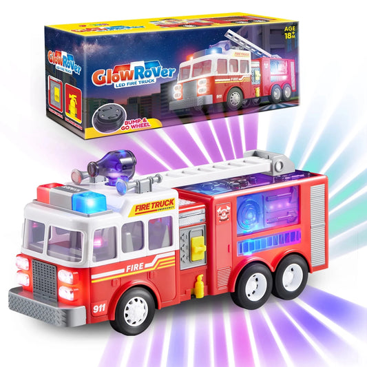 SYNCFUN Fire Truck Toy, Bump and Go Fire Engine Trucks with LED Projections & Sirens, Boys & Girls Firetruck for Kids Birthday