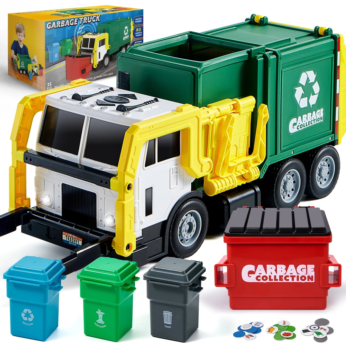 SYNCFUN Garbage Truck Toys for Boys, 16" Large Trash Truck Toys with Dumpster and Trash Bins, Play Vehicle Toys for Kids Age 2 3 4 5 6 Years Old