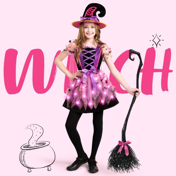 Joyfy Kid Witch Costume, Girl Light Up Witch Costume with Hat and Broom for Kids, Toddler Halloween Dress Up