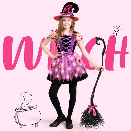 Joyfy Kid Witch Costume, Girl Light Up Witch Costume with Hat and Broom for Kids, Toddler Halloween Dress Up