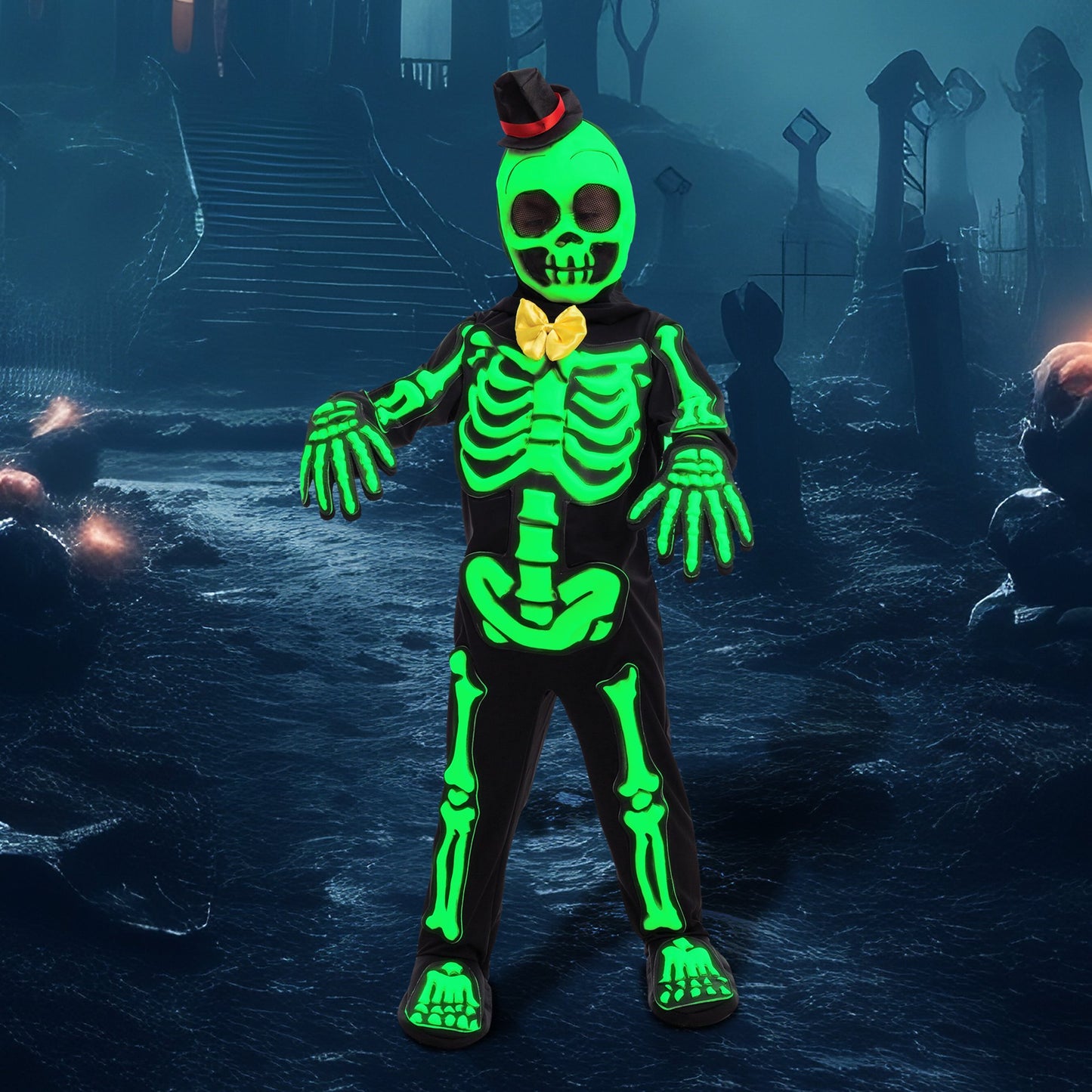 SYNCFUN Glows in the Dark Skeleton Costume for Kids, Black Skelebones Jumpsuit, Bone Halloween Costume Dress up