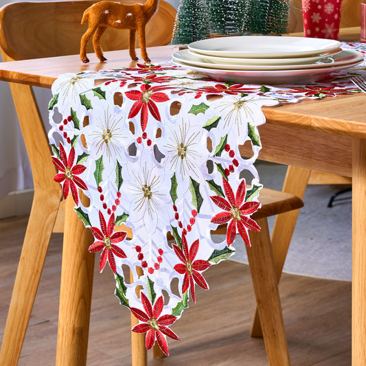 SYNCFUN Holly Leaf Embroidered Table Runner
