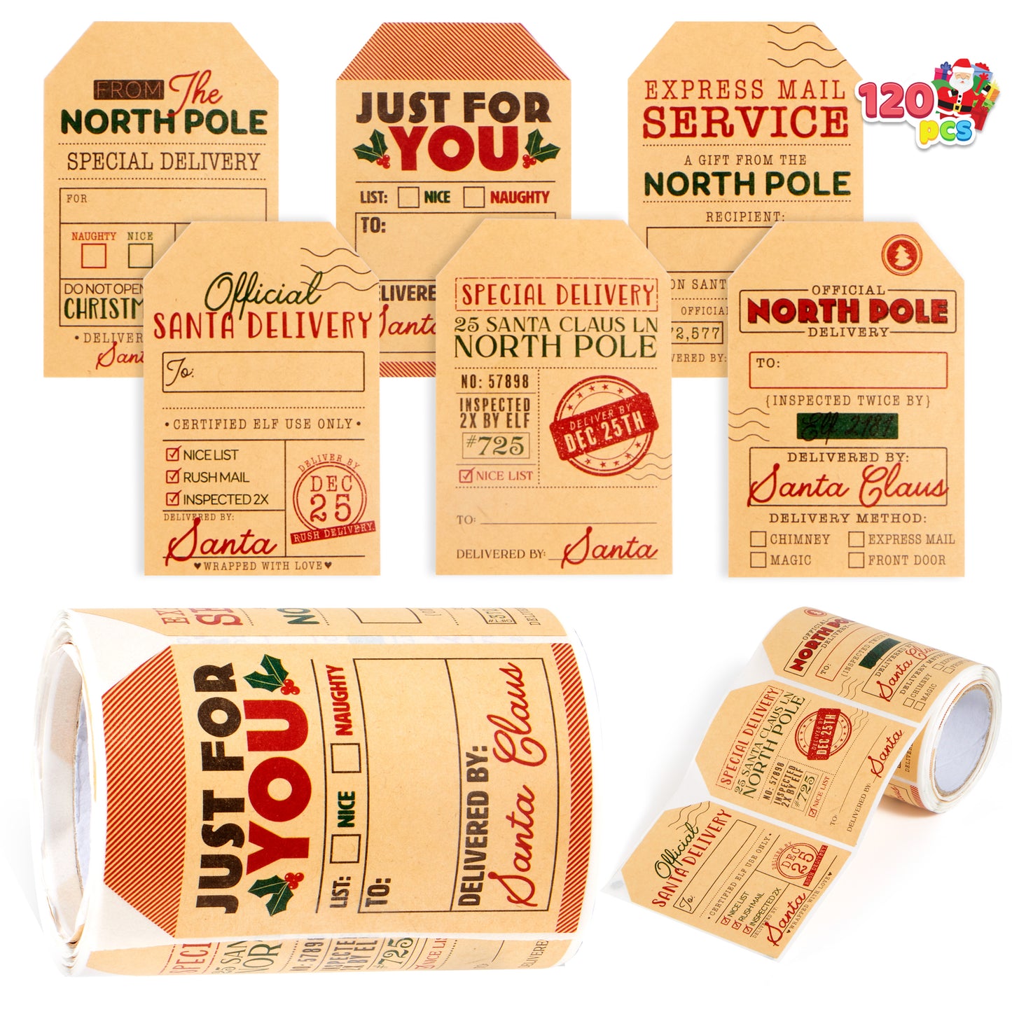 SYNCFUN Kraft Paper Sticker Roll - Post Christmas, 120 Pcs