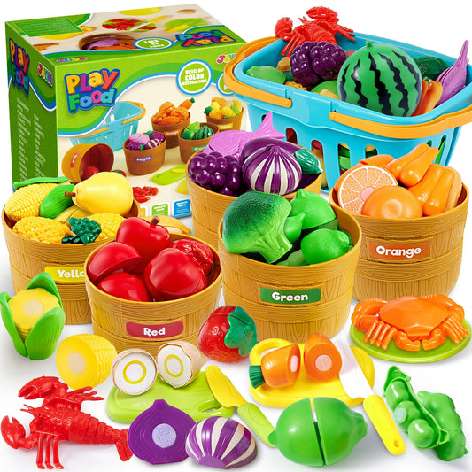 SYNCFUN Play Food Set for Kids Kitchen, Color Sorting Toy Food for Boys & Girls, Pretend Play Fake Food Toy for Toddlers