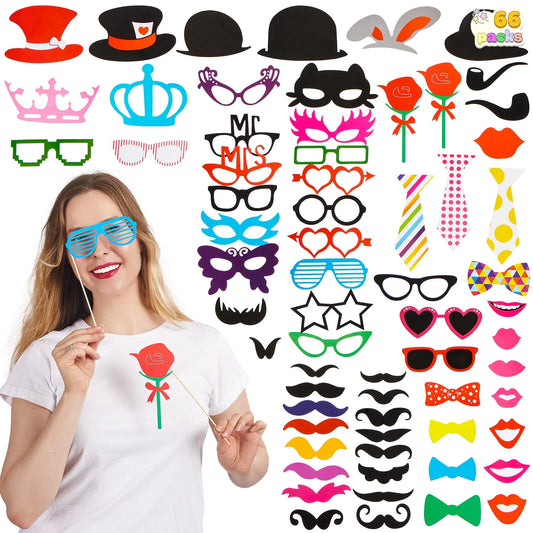 SYNCFUN Themed Photo Booth Props Durable Party Favor with Glue Sheets and Wooden Sticks, 66 Pack