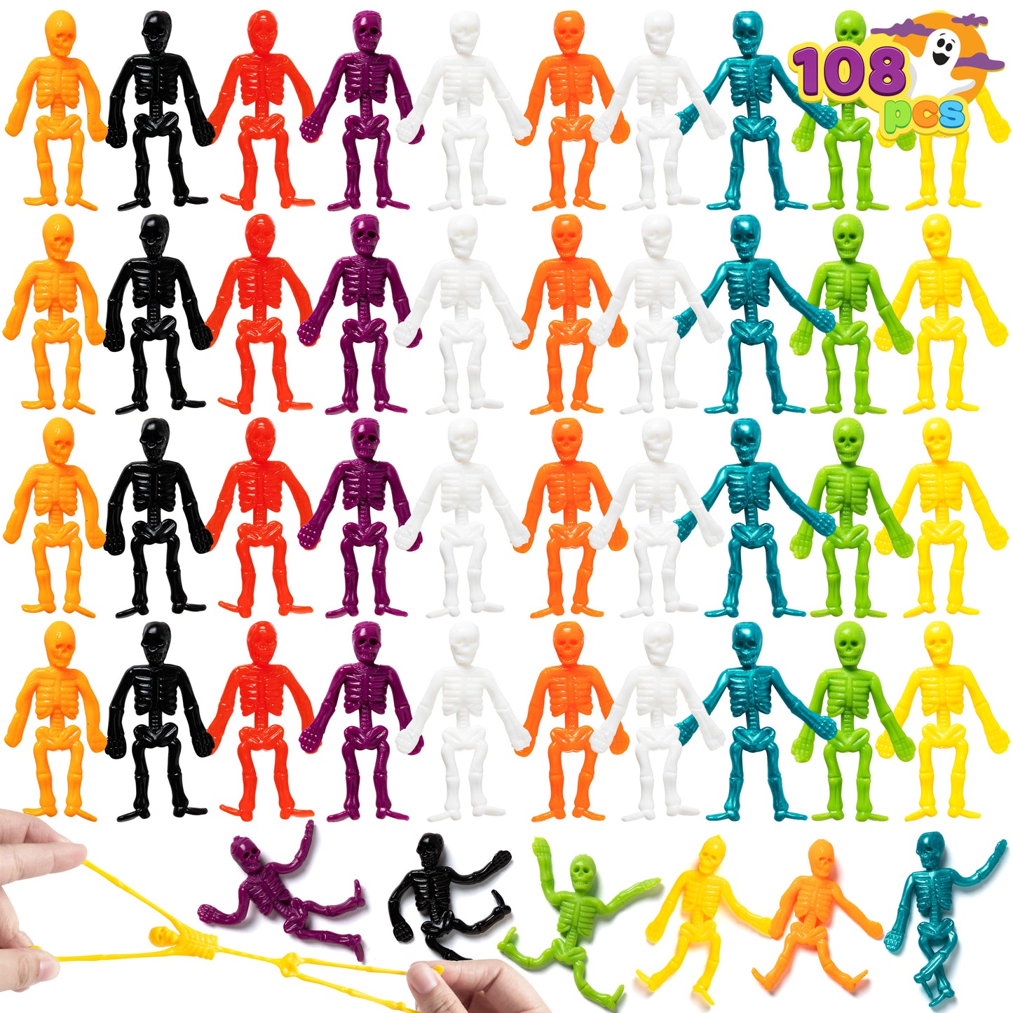 Joyfy 108 Pcs Halloween Stretchy Skeleton Toys,Halloween Toys Bulk for Party Favors,Halloween Goody Bag Fillers,Halloween Sticky Toys for Classroom Prizes