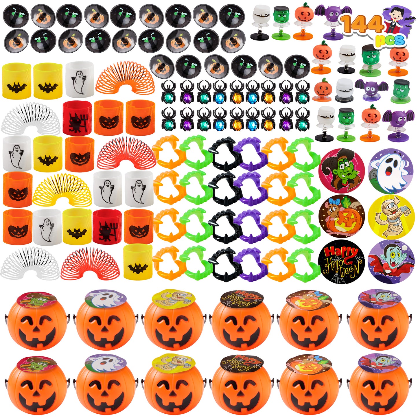 Joyfy 144 Pcs Halloween Toys Party Favors for Kids,Halloween Goodies Including Pumpkin Buckets,Spider Rings,Poppers,Spring,Vampire Teeth and Spinning Tops