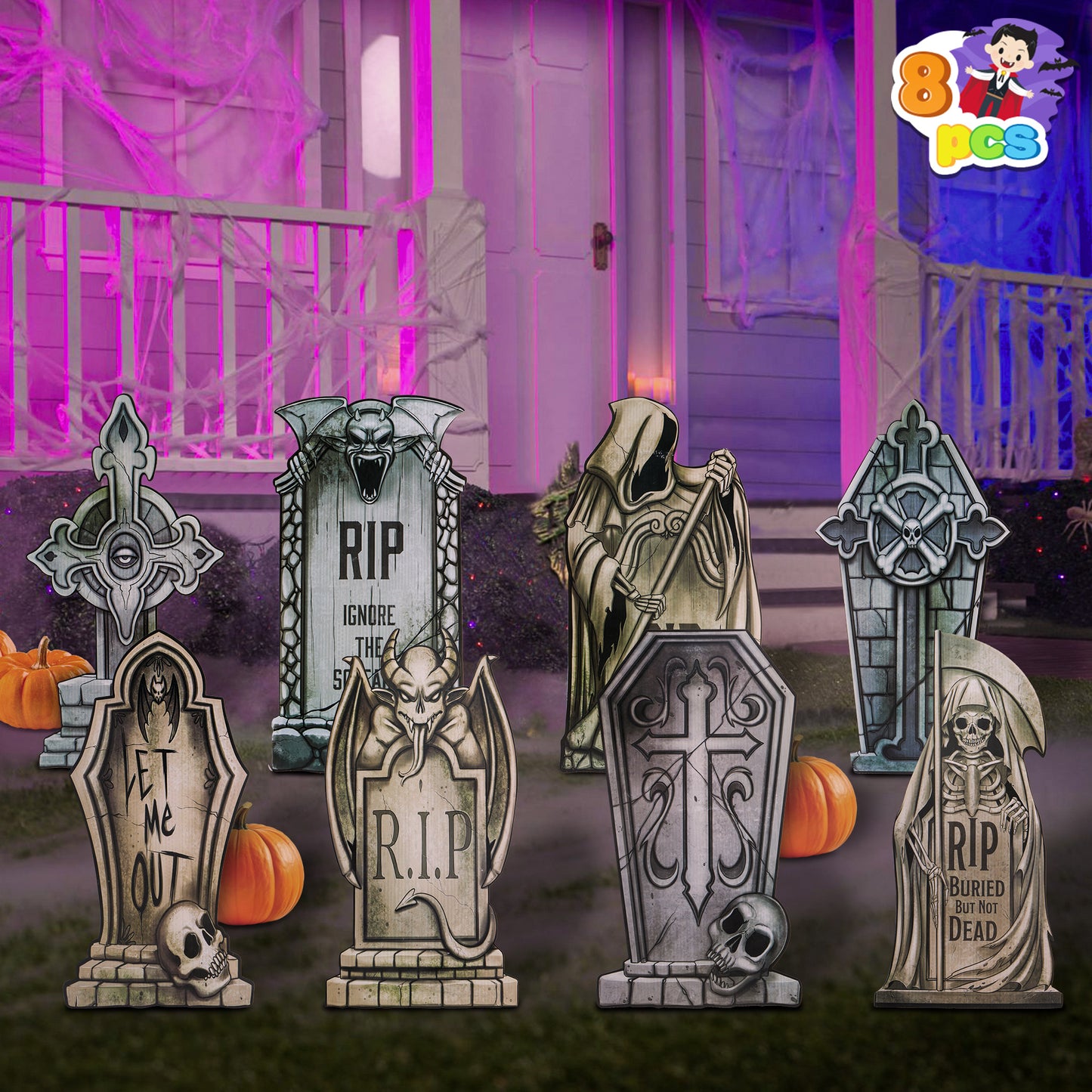 Syncfun 8 Pcs Halloween Tombstones Decorations,16.5" Halloween Foam RIP Graveyard Decorations and 16 Bonus Metal Stakes for Halloween Outdoor Yard Decorations