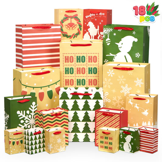 Joyfy 18 Pcs Christmas Bags Assorted Sizes Kraft Prints Goody Bag(Small 5.5” Medium 9” Large 13”) for Xmas Party Favors Decoration, Holiday Present Wrap Décor