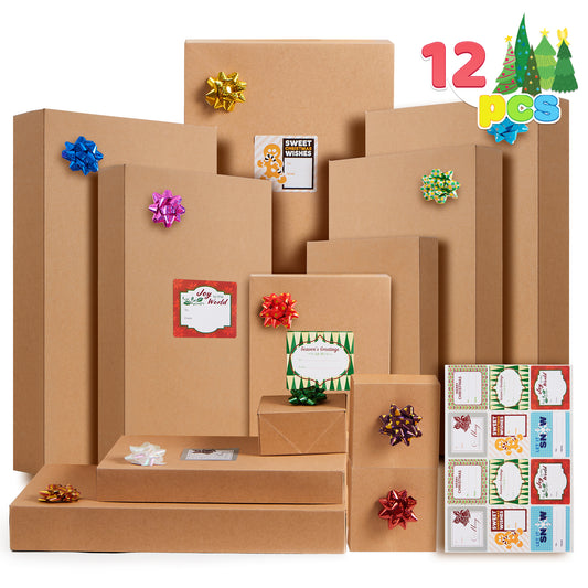 SYNCFUN 12 Pcs Assorted Christmas Shirt Gift Box, 4 Sizes White Cardboard Assorted Shirt Wrap set of boxes with Lids, Base, Gift Tag Stickers and Bows for Gift Wrapping, Present Wrap Décor