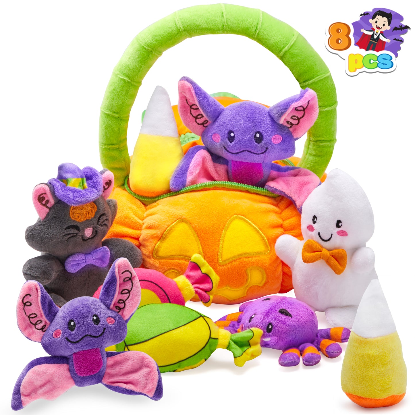 Joyfy 8 Pcs Halloween Basket with Stuffed Plush,Halloween Gift Basket Stuffers for Baby Kids Toddler,Halloween Toys,Halloween Pumpkin Decorations