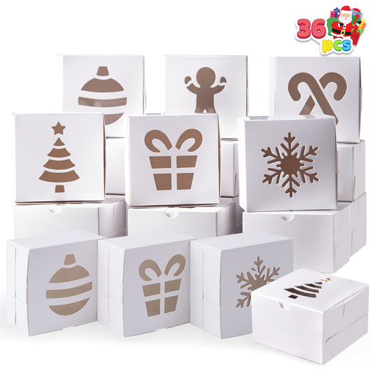 Joyfy 36 Pcs Christmas Cookie Boxes, White Treat Boxes with Window 4" x 4" x 2.5" Bakery Gift Wrapping Box for Xmas Holiday Party Favor Pastries, Cupcakes, Cookies Donuts Gift-Giving