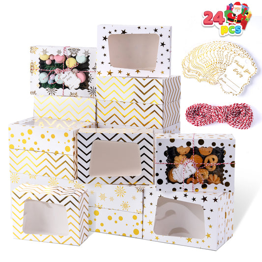 Joyfy 24 Pcs Christmas Cookie Boxes, Gold Foil Treat Boxes with Windows 9" x 6.2" x 3" Bakery Gift Wrapping Box for Xmas Holiday Party Favor Pastries, Cupcakes, Cookies, Donuts Gift-Giving