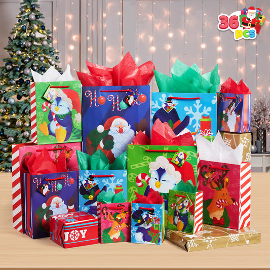 Joyfy 36 Pcs Christmas Gift Bag with Tissue Papers and Tag, Assorted Sizes Bag Set for Wrapping Xmas Holiday Presents, Goodie Bags Decoration, Present Wrapping, School Classrooms Party Favors