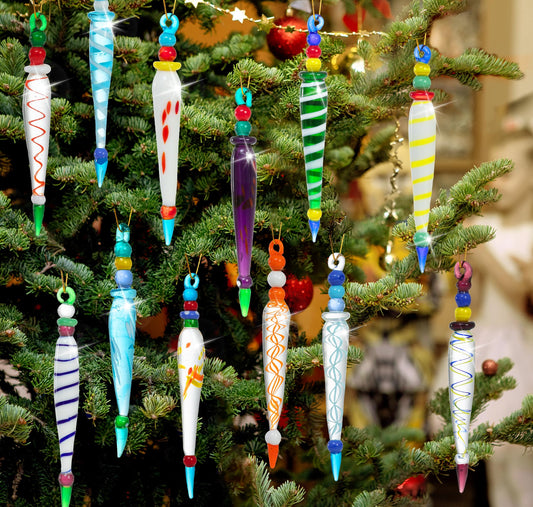 Joyfy 12 Pcs Colorful Icicle Glass Ornaments, Christmas Glass Ornaments for Christmas Tree Decorations 3.5-3.7" Long Glass Ornaments