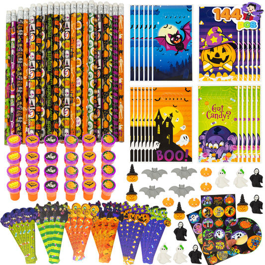 Joyfy 144 Pcs Halloween Stationery Set for Kids,Halloween Pencils Stickers Erasers Stamps Party Favors,Halloween Trick or Treat Bags,Halloween Gifts for Kids,Classroom Favors