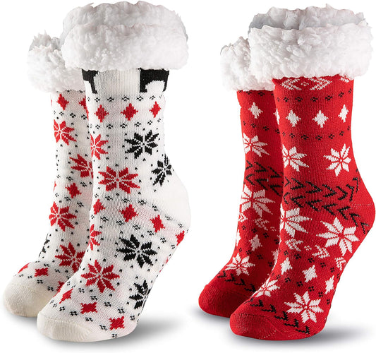 Joyfy 2 Pack Christmas Socks Fuzzy Socks for Women,Comfy Crew Fuzzy Sock Slippers for Women Adults,Christmas Gifts for Women