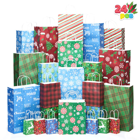 SYNCFUN 24 Pcs Christmas Gift Bags Assorted Sizes with Handles for Xmas Holiday Present Wrap Décor, Kraft Goody Bags, School Classroom Party Favor Supplies, Goodie Bags Decoration