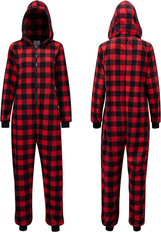 SYNCFUN Christmas Onesies for Women,Adult Fleece Plaid Hoodie Full Zipper Onesie Pajamas for Women,Holiday Pajamas for Women