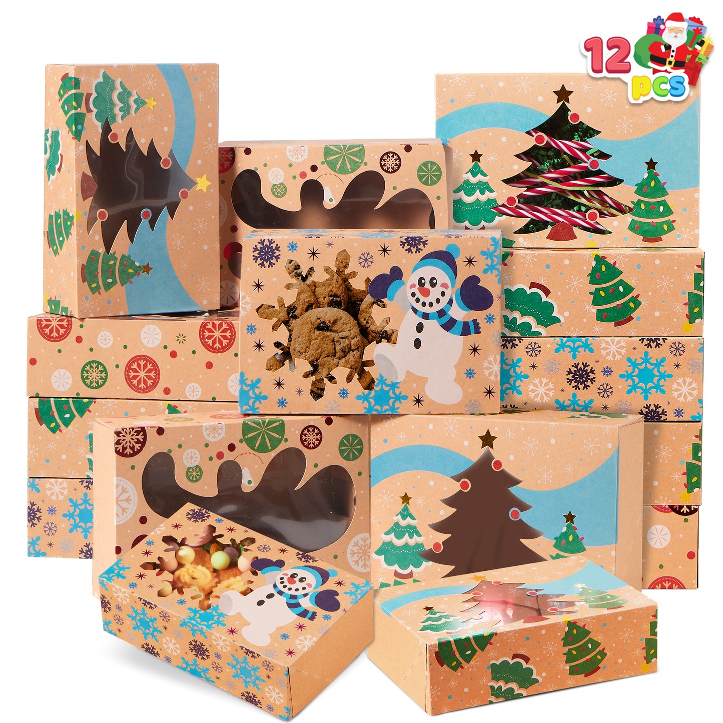 Joyfy 12 Pcs Foiled Christmas Cookie Boxes with Window 8.5" x 5.75" x 2.75", Treat Boxes for Pastries, Cupcakes, Brownies, Gift-Giving, Doughnut and Cookie, Brown Kraft Bakery Boxes