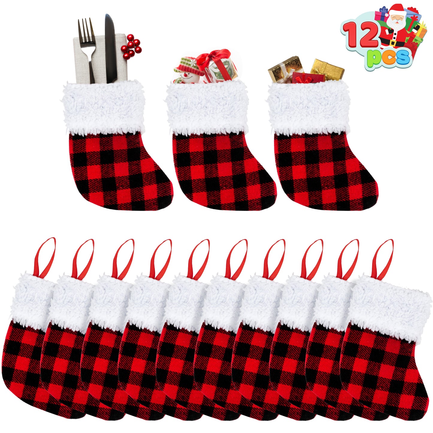 Joyfy 12 Pcs 5” Mini Christmas Stocking, Red Black Buffalo Plaid Stocking Rustic Fireplace Socks Traditional Stockings for Holiday Christmas Tree Decorations Party Favors