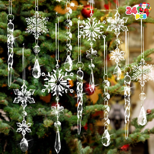 SYNCFUN 24 Pcs 5.3" Acrylic Snowflake and Icicle Ornament, Xmas Clear Icicles Ornament Set for Christmas Tree Blown Decoration, Assorted Shatterproof Acrylic Ornament for Christmas Indoor Decoration
