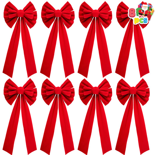 Joyfy 8 Pcs Christmas Red Velvet Bows, 26"x 10" Wide Decorative Christmas Bows for Wreath Garland Christmas Tree Decor, Indoor Outdoor Holiday Decorations, Party Favor Supplies