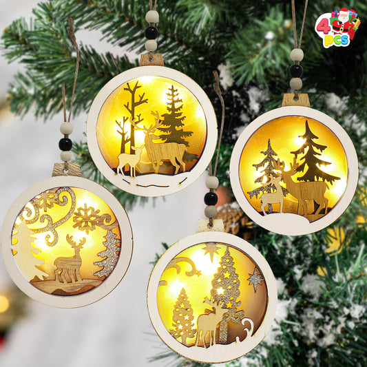 SYNCFUN 4 Pcs LED Wooden Christmas Ornaments Hanging Reindeer Ornaments for Indoor/Outdoor Holiday Party Decoration, Christmas Tree Ornaments