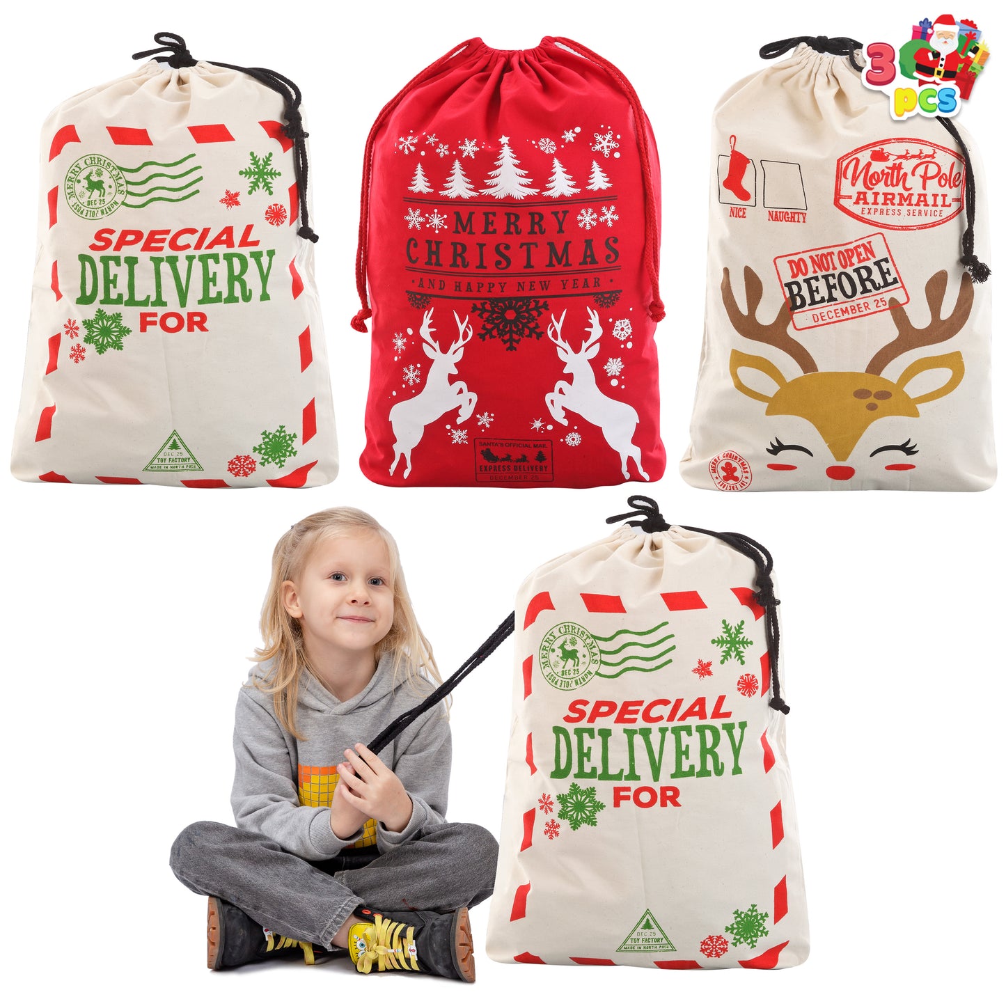 Joyfy 3 Pcs Santa Burlap Sack Christmas Canvas Gift Bags with Drawstring 26" x 19" for Large Xmas Package Storage, Event Party Supplies, Christmas Party Favors