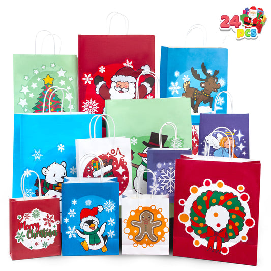 SYNCFUN 24 Pcs Christmas Kraft Gift Bags Assorted Sizes with Handles for Xmas Holiday Present Wrap Décor, Kraft Goody Bags, School Classroom Party Favor Supplies, Goodie Bags Decoration