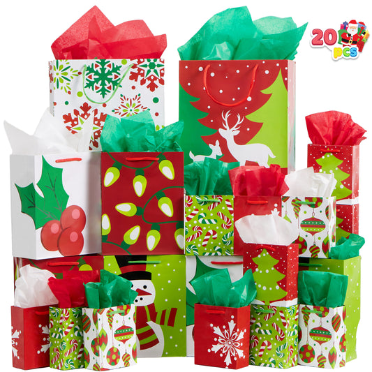 Joyfy 20 Pcs Christmas Goody Gift Bags Assorted Sizes with Handles for Xmas Holiday Present Wrap Décor, Paper Goodie Bag, Kraft Goody Bags, School Classroom Party Favor Supplies