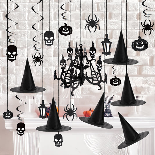 SYNCFUN 29 Pcs Halloween Hanging Swirl Decorations and Witch Hats,Halloween Decorations Indoor Birthday Party Supplies Decorations,Pumpkin Spider Ghost Decor