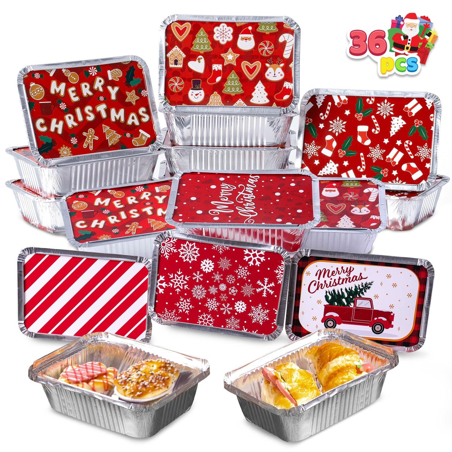 SYNCFUN 36 Pcs Christmas Foil Containers with Lids, 7"x5"x2" Rectangular Treat Foil Containers, Disposable Food Containers for Holiday Baking, Cooking, Heating, Storing, Prepping Food