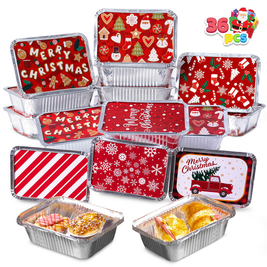 SYNCFUN 36 Pcs Christmas Foil Containers with Lids, 7"x5"x2" Rectangular Treat Foil Containers, Disposable Food Containers for Holiday Baking, Cooking, Heating, Storing, Prepping Food