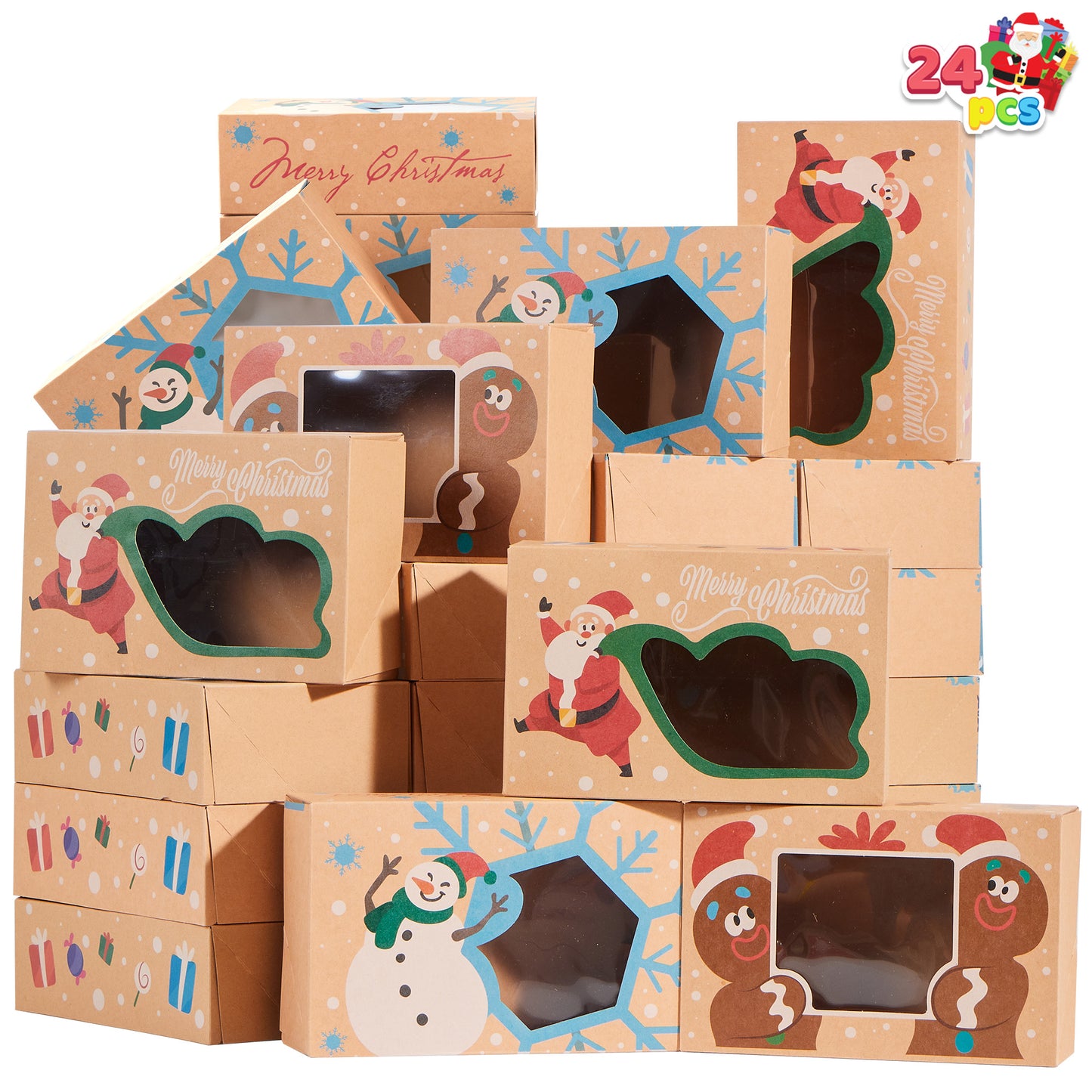 Joyfy 24 Pcs Christmas Cookie Boxes Bakery Treat Gift Box with Window 8.75" x 5.75" x 2.75”for Pastries, Cupcakes, Cookies, Brownies, Donuts Gift Giving