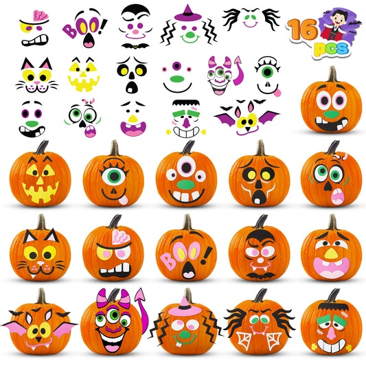 SYNCFUN 16 Pcs Halloween Pumpkin Decorations Kit for Kids,Foam Pumpkin Face Stickers Halloween Party Supplies Halloween Favors Pumpkin Painting Kit