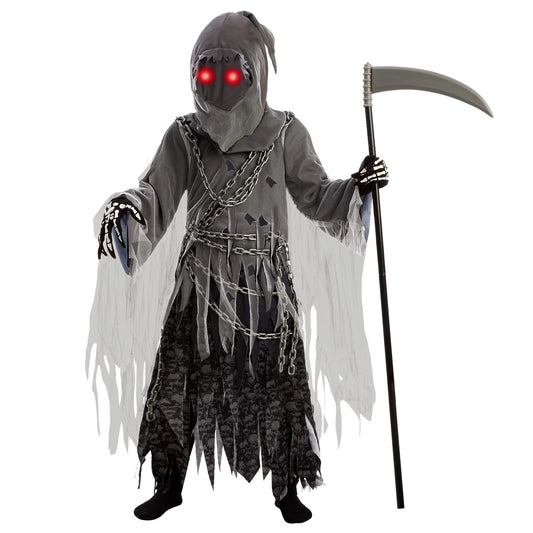 Spooktacular Creations Child Unisex Grim Reaper Costume for Kids, Halloween Costume with Glowing Red Eyes, Trick-or-Treating Cosplay Dress UP-M