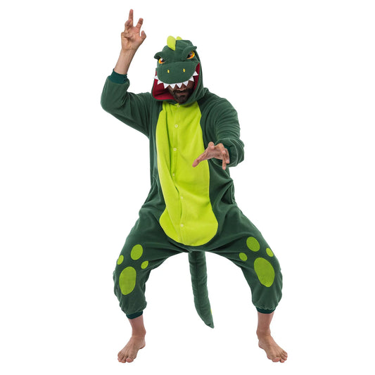 Spooktacular Creations Dinosaur Pajamas Plush for Adult, Halloween Costume for Dress Up Cosplay, Unisex Dinosaur Suit Cute Green-XL