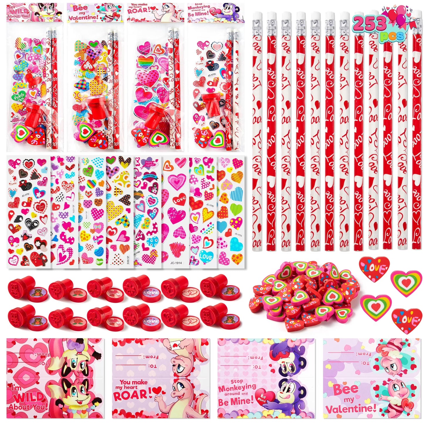 Joyfy 253 Pcs Valentines Gifts for Kids, Valentines Goodie Bag Stuffers, Valentines Cards for Kids Classroom Exchange, Assorted Stationery Set for Valentines Party Favors Supplies