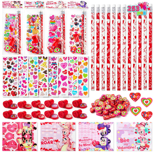 Joyfy 253 Pcs Valentines Gifts for Kids, Valentines Goodie Bag Stuffers, Valentines Cards for Kids Classroom Exchange, Assorted Stationery Set for Valentines Party Favors Supplies