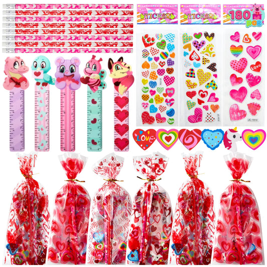 Joyfy 180 PCS Valentines Gifts for Kids,Valentines Goodie Bag Stuffers, Valentines Cards for Kids Classroom Exchange, Assorted Stationery Set for School Prizes Party Favors Treats