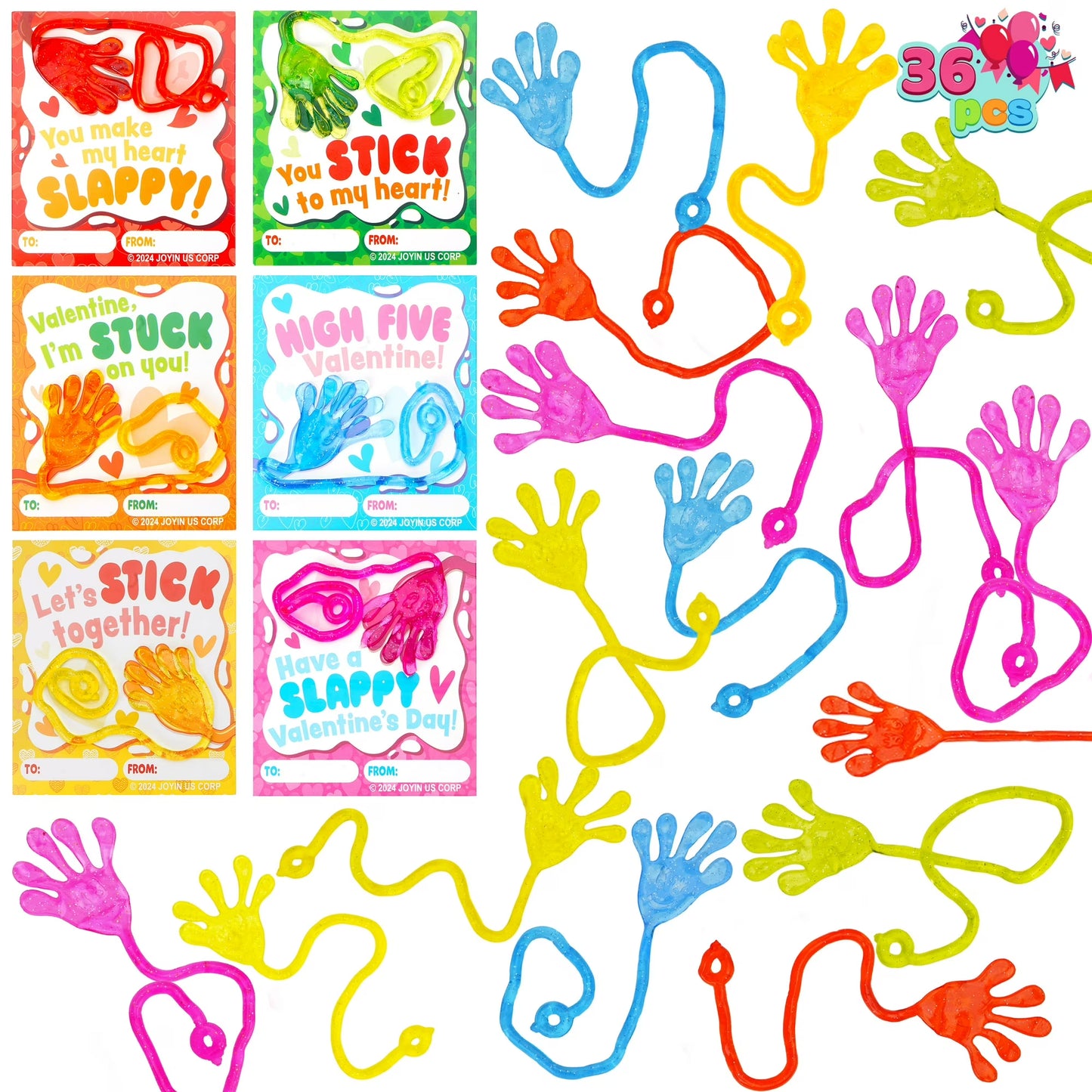 Joyfy 36 Packs Sticky Hands with Card Headers for Kids Party Favor, Classroom Exchange Prizes, Valentine¡¯s Greeting Cards, Valentine Party Favors, Valentine Exchange Gifts