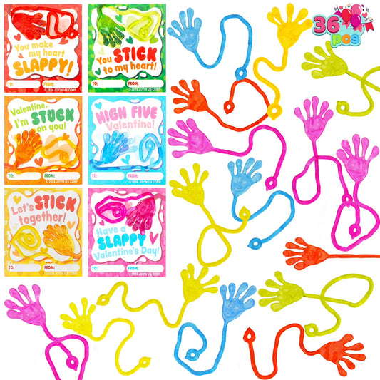 Joyfy 36 Packs Sticky Hands with Card Headers for Kids Party Favor, Classroom Exchange Prizes, Valentine’s Greeting Cards, Valentine Party Favors, Valentine Exchange Gifts