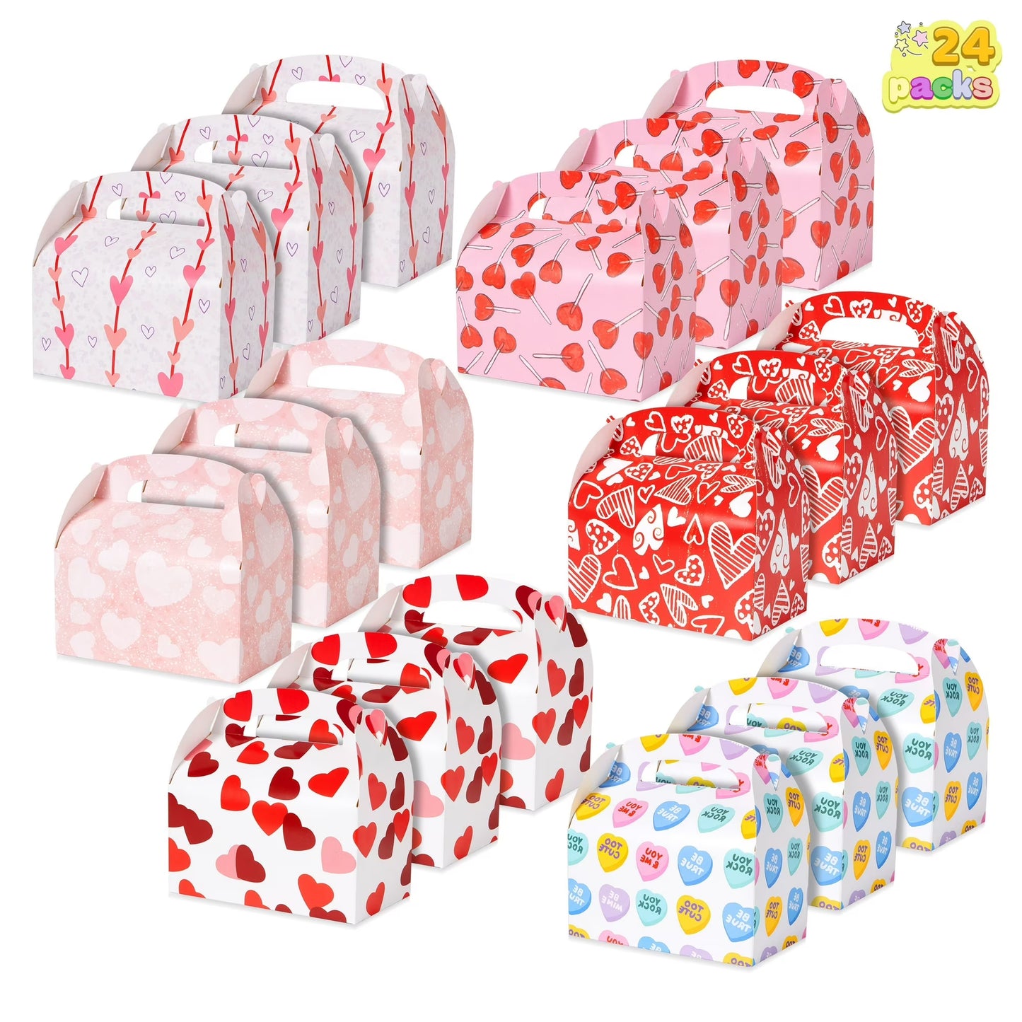 Sycfun 24 Packs Valentine Day Bakery Treat Boxes,6x5.5x3 Cookie Gable Boxes with Handle,Valentine Cupcake Boxes Heart Goody Bag for Valentine Classroom Party Favor Gift Exchange Gift Box
