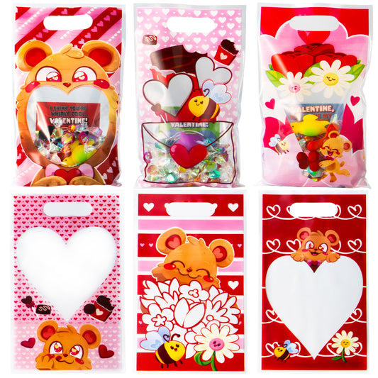 48 Pcs Valentine’s Day Gift Bag Plastic Treat Bags, Cellophane Candy Bags in 6 Designs with Heart Shaped Window for Kids Valentine Party Favor Supplies, Classroom Gift Exchange Goodie Bags
